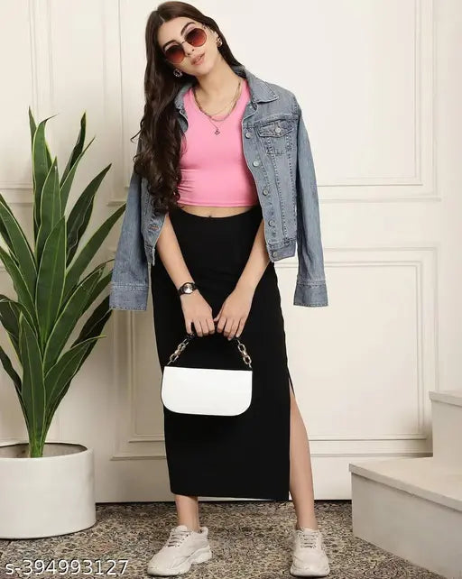 Black polyester party skirt for women by Krunalraiyani, solid design, perfect fit for S (waist 26in, length 30in) and M (waist 28in, length 30in), Indian origin