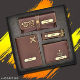 Customised brown faux leather men's wallet, keychain, googles cover, passport cover set - personalized combo for gifting with 4 compartments and love charm Customised black faux leather men's wallet, keychain, and personalized pen with 2 compartments and printed pattern - ideal for all occasions Printed faux leather men's passport cover, eyewear case, and keychain set - premium gift choice for all occasions including birthday, anniversary, promotion & festive season (Made in India)