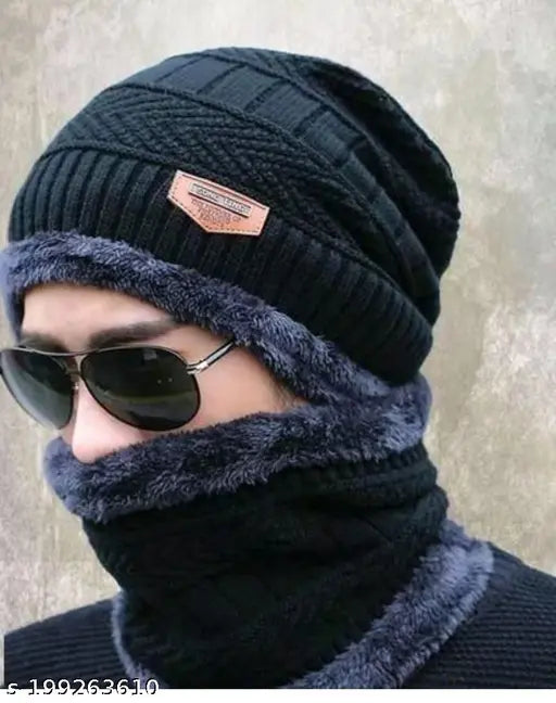 Black knitted wool winter beanie cap set (men & women) with fur lining - warm, stylish, and durable