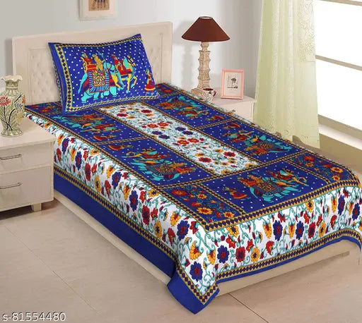 Single cotton Jaipuri-print bedsheets & pillow covers, 180 thread count for summer, ideal for adult use (India origin)