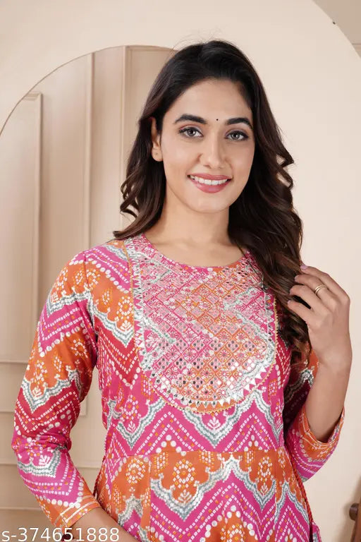 Rayon, three-quarter sleeve Anarkali Kurta with premium gold foil print and embroidery, Indian women's fashion