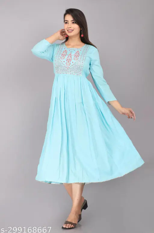 Rayon embroidered kurta, three-quarter sleeves, traditional and western design. Indian women's fashion wear in S, M, L, XL, XXL sizes