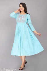 Rayon embroidered kurta, three-quarter sleeves, traditional and western design. Indian women's fashion wear in S, M, L, XL, XXL sizes