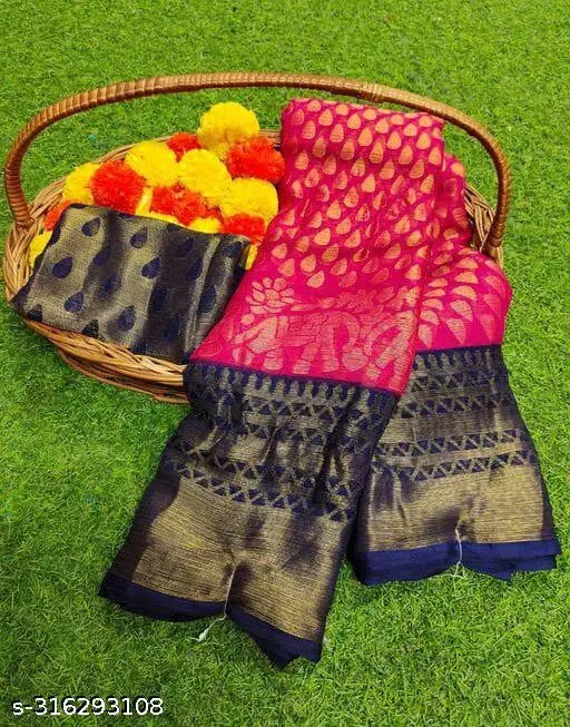 Fancy Brasso woven saree in net fabric, Indian Zari patterned blouse on display
