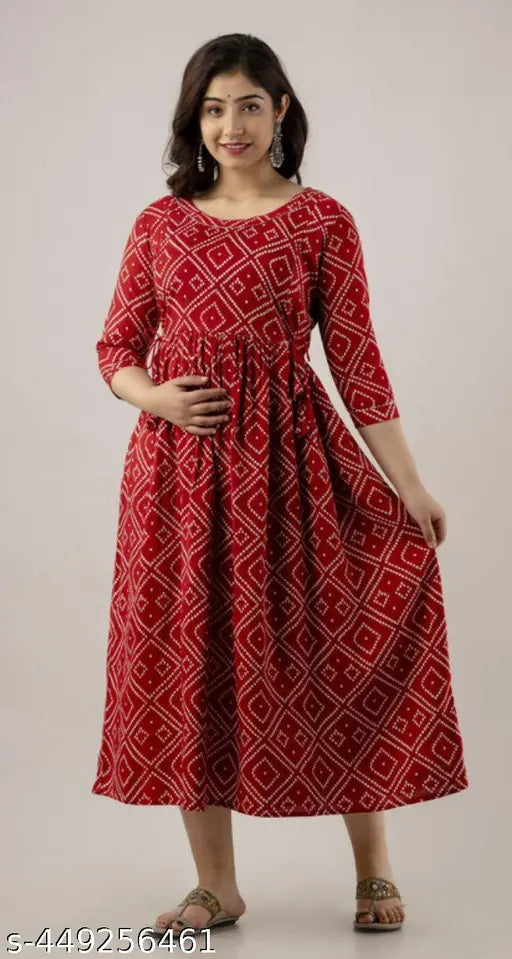 Rayon maternity feeding dress with adjustable side zip, three-quarter sleeves, printed pattern, and India origin