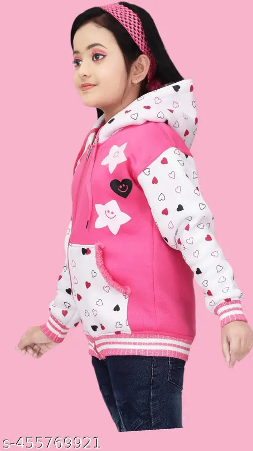 Pink & white striped hoodie with star and heart prints (3-16yrs), warm wool fabric for kids' winter wear