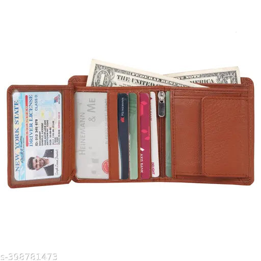 Brown leather men's RFID blocking wallet, high-quality, 3 compartments, solid pattern, free size (4cm x 8cm), gift boxed