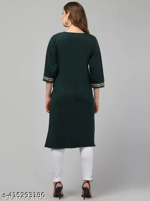 Green rayon three-quarter sleeve kurti, solid pattern, Hegza Women's Gotta Patti style from India