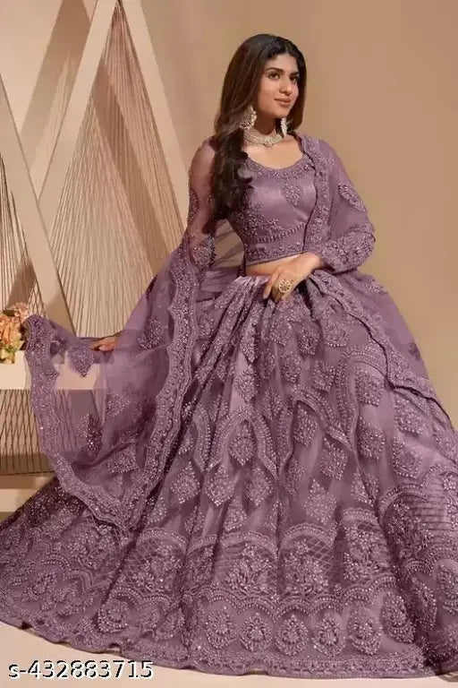 Purple embroidered lehenga-choli set for girls and women, intricate traditional semi-stitched design, India