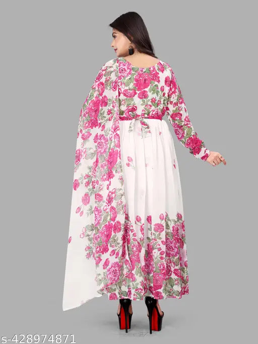 Georgette printed kurta set with dupatta for women & girls, stylish and comfortable, long-sleeved Indian outfit on hanger