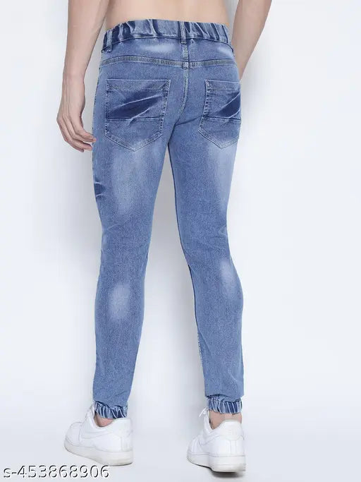 Men's blue denim regular fit joggers, versatile for party wear and casual style. Available in sizes 26, 28, 30, 32 (Waist 26/28/30/32, Hip 30/32/34/36, Length 40in)