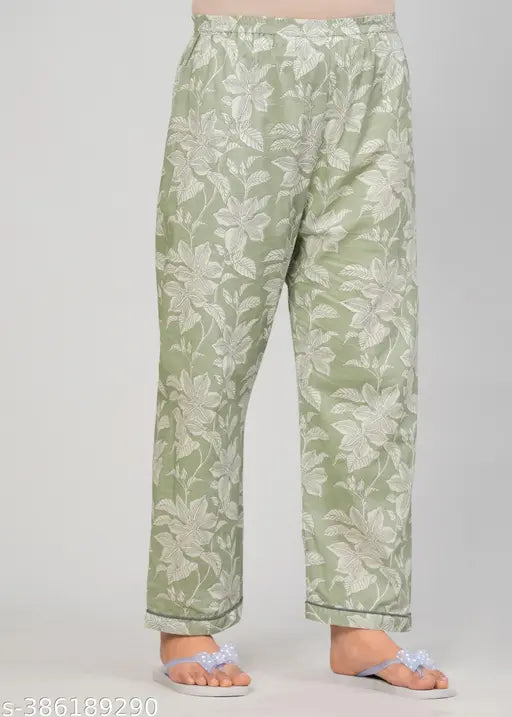 Cotton flowers printed women's night suite set - three-quarter sleeves, cotton blend top and bottom, Indian-made