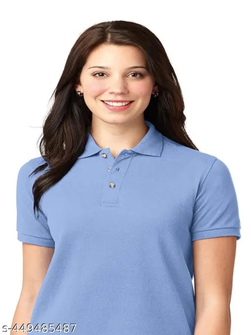 Cotton blend solid women's polo top, short sleeves, size M-XXXL, blue denim color