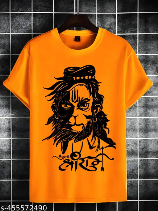 Best Hanuman ji & Bajrangbali orange polyester t-shirt, high quality, round neck, short sleeves. Hindu cultural symbol for men under 149