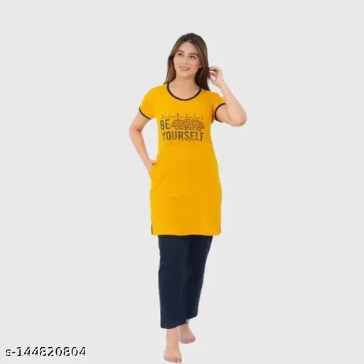 Printed polycotton women's nightsuit set, short sleeve t-shirt and pyjama pants with pocket, summer night wear by Dartline