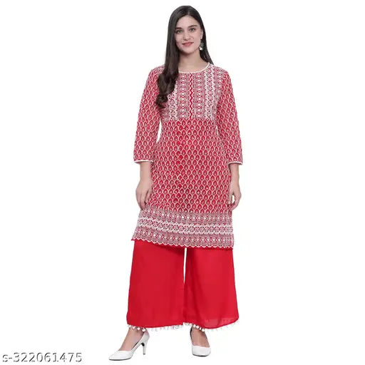 Red Georgette embellished Women's Kurta with Palazzos - Indian printed net, three-quarter sleeves, S-XXXL