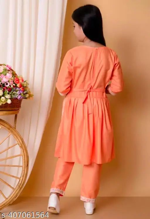 Rayon children's Naira seat, three-quarter sleeve self-designed Kurta with lace net bottom, Indian ethnic wear for 1-14 years