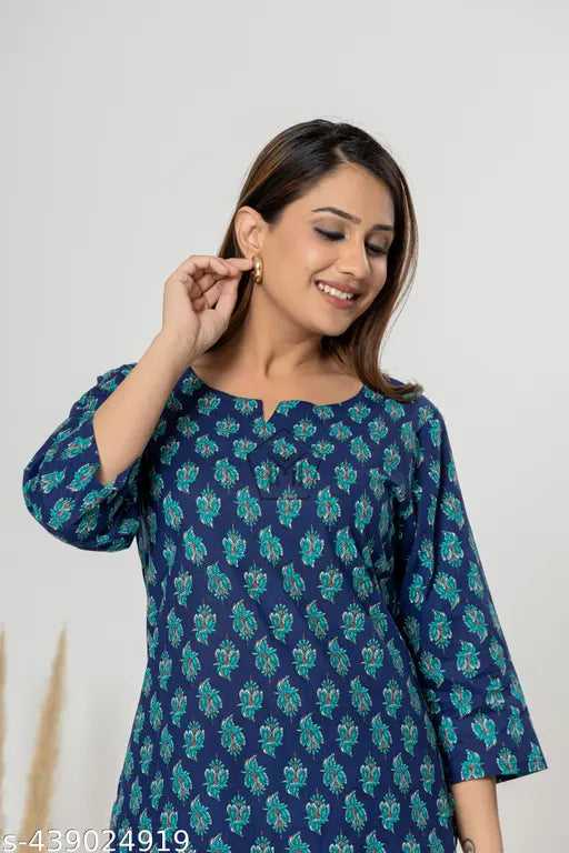 Cotton printed night suit top and pyjama set for women's night dress, three-quarter sleeves, cotton fabric, India origin