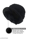 Black wool beanie caps with fur lining, slouchy skull pattern, freesize pack of 2 - winter wear for men and women