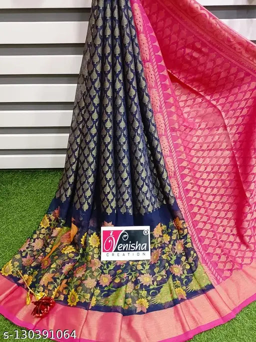 Brasso Peacock2 Chiffon saree, intricate zari woven pattern on free size Indian saree and matching chiffon running blouse, 6.3m long