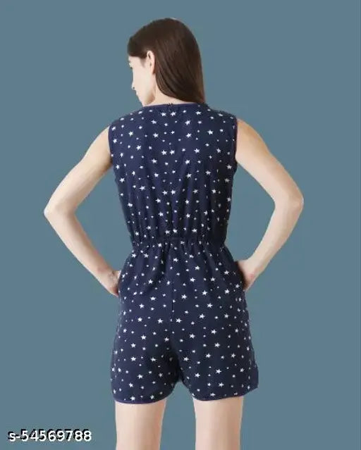Navyblue Star Printed Women's Poly Crepe Playsuit Jumpsuit, perfect for summer parties or casual get-togethers. Sleeveless design with side zip closure and tie-up belt for comfort and style. Available in sizes S-XL