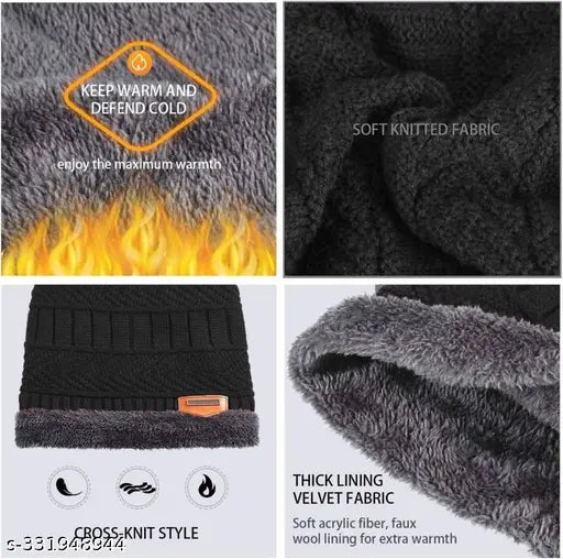 Wool unisex beanie cap & muffler scarf combo set - soft, warm, and stylish winter wear accessory (any color)