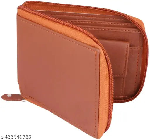 Tan artificial leather men's wallet, compact trifold design with 4 compartments, durable and stylish accessory for business casual travel