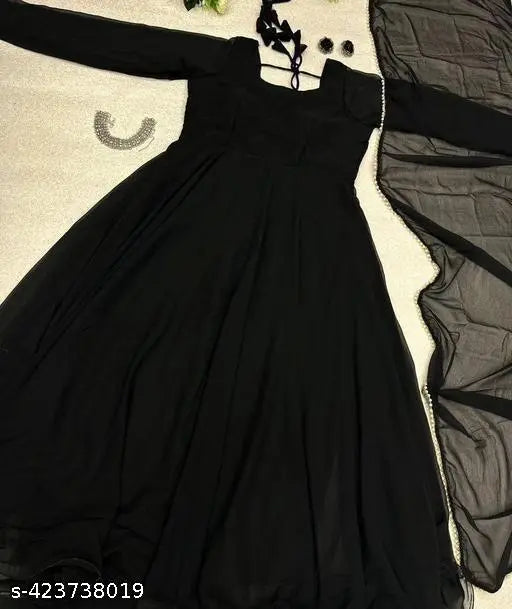 Indian Georgette Maxi Dress with Lehenga, Floral Print, Long Sleeves - Party or Wedding wear