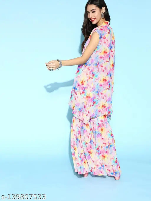 Multi-color Georgette Flared Top Shrug & Sharara Set, vibrant printed Indian women's fashion set with three-quarter sleeves and palazzos bottoms