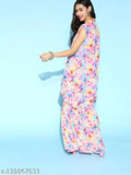Multi-color Georgette Flared Top Shrug & Sharara Set, vibrant printed Indian women's fashion set with three-quarter sleeves and palazzos bottoms