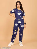 Polycotton printed co-ords set for women, featuring a night suit and night dress with short sleeves, available in sizes S to XXL. Made in India