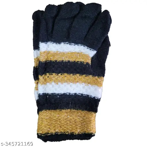Navy wool beanie cap with neck muffler & random warm winter gloves, cozy cold-weather accessories made of wool, India origin