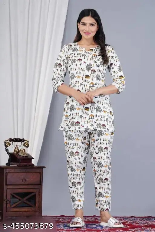 Golden Wings printed rayon night suit with round neck ethnic top and pyjama bottoms, three-quarter sleeves, vibrant Indian print