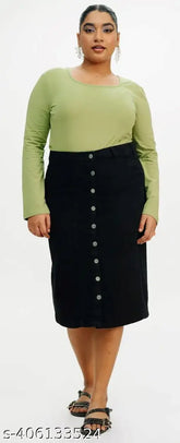 Black denim straight long skirt, lightweight & breathable, perfect fit for women of all body types. Denim skirt with buttoned closure and solid design, available in sizes from 26 to 46. Made in India