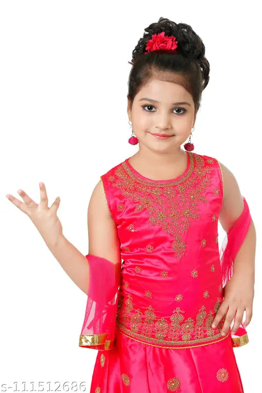 Pink cotton partywear top & bottom set for kids, embroidered ethnic Lehanga with net dupatta. Soft fabric, comfortable fit, available in sizes 6-12 months to 10 years. Indian design, perfect for parties or celebrations
