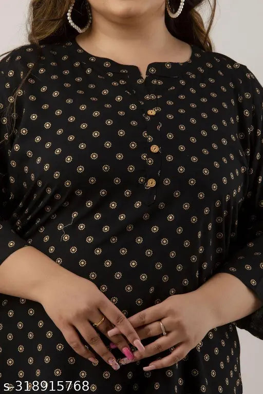 Black and gold polka dot plus size rayon kurti top/tunic, comfortable, machine-washable, flattering print on display
