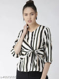 Black striped polyester top with three-quarter sleeves, off-white and beige stripes, v-neck design, waist tie up detail - Style Quotient Women
