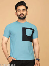 Blue colorblocked polyester t-shirt for men, short sleeves style