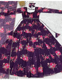 Purple designer georgette dress with dupatta for women & girls, heavy crepe inner, floral print & lace border. Sizes S-XXL, Indian origin