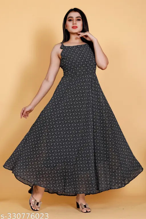Black georgette sleeveless kurti for women, printed combo, full flared gheri & anarkali type, India origin