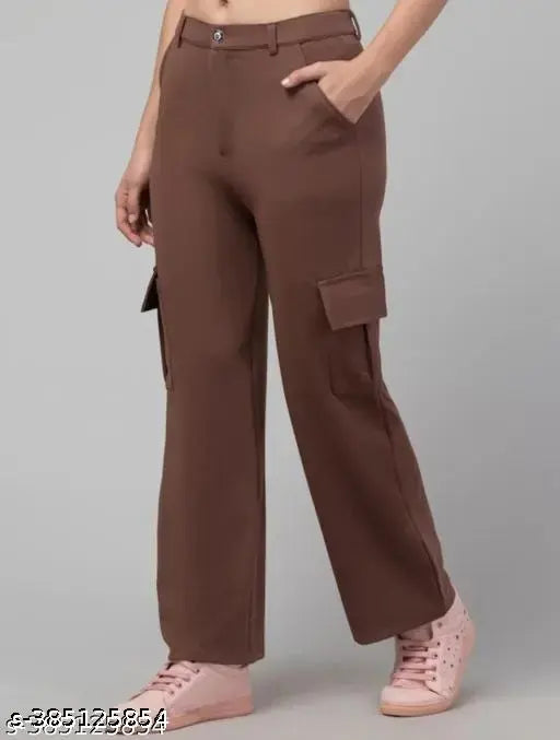 Brown cotton lycra cargo trouser pants, solid pattern for women and girls, durable four-pocket design
