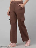 Brown cotton lycra cargo trouser pants, solid pattern for women and girls, durable four-pocket design