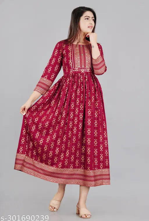 Maroon rayon anarkali kurti with printed combo, three-quarter sleeves and round neck - Indian traditional women's fashion