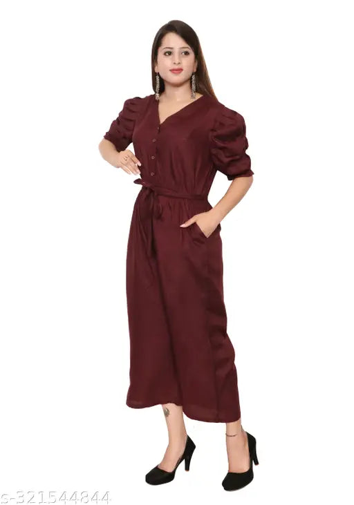 Maroon rayon long jumpsuit with puff sleeves, V-neck, pockets, and coordinating belt - Indian women's fashion statement