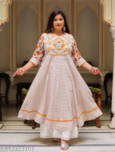 Pink rayon floral round kurti, Yash Gallery. Plus size Anarkali style with adjustable dori and three-quarter sleeves