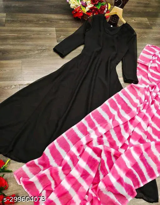 Fancy Georgette Gown for Women & Girls (S, M, L, XL, XXXL) - Solid, Long Sleeves, Evening Wear, Indian Design