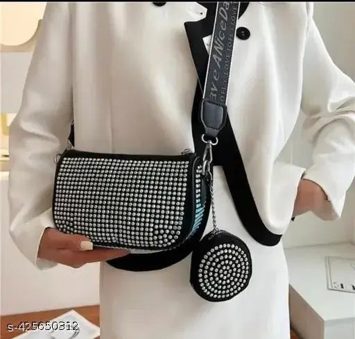 Glossy silver PU sling bag with diamond detail for girls, stylish accessory with 1 compartment, free size (9x3x5in), Indian origin