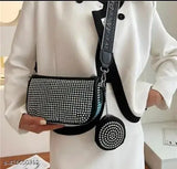Glossy silver PU sling bag with diamond detail for girls, stylish accessory with 1 compartment, free size (9x3x5in), Indian origin