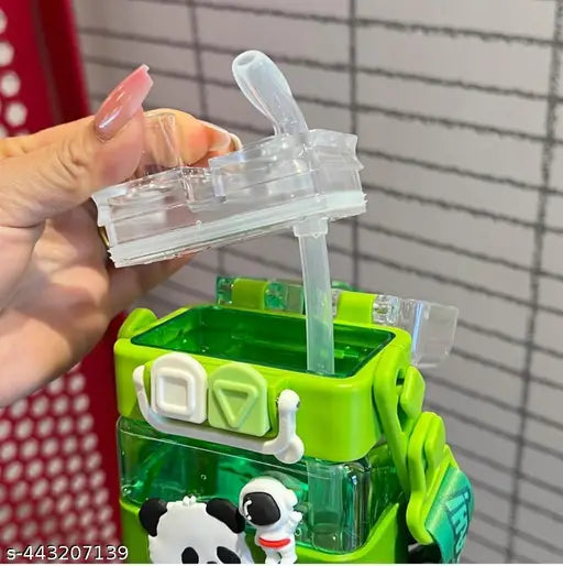 Cute green panda square water bottle - high-quality plastic, dual mouth, hanging handle & strap (520ml)