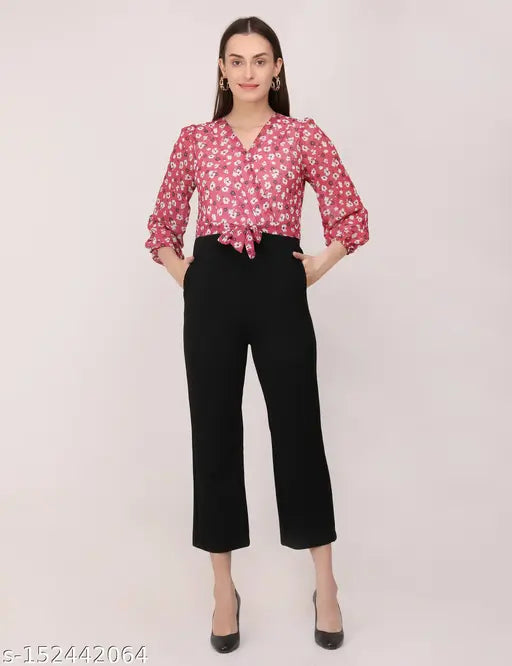 Georgette, three-quarter sleeve floral digital printed long jumpsuit for women. Black cotton blend and floral print Georgette fabric. Includes belt." (109 characters)